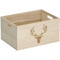 Zeller Opberg box/kist - naturel - hout - gestempeld hertenmotief - 35 x 25 x 18 cm - speelgoed opbergen