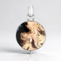 Cavill - Zilveren Hanger Met Versteend Palmhout 7,88 ct - 925 Sterling Zilver Geplatineerd - Ronde Cabochon Bali Barong - Natuurlijke Houten Sieraad