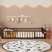 MODFU Kinderbed 90x200 cm – Met beschermrand & LED-opbergvak – Zwart – Metaal/MDF – Incl. lattenbodem – Kindermeubel
