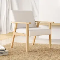 MODFU - Fauteuil - Brede Zitting En Houten Frame - Scandinavisch Design - Linnen - Crèmewit - 64 x 70 x 72 cm