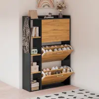 None Schoenenkast-Schoenenkast van hout met 3 deuren, smalle schoenenkast met anti-kantelmechanisme voor entree en hal, zwart.122x80x24cm