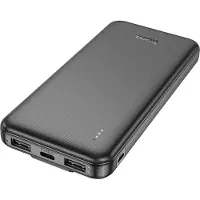 Hoco 10000mAh Powerbank met Ingebouwde Kabels (USB-C & Lightning) - Ultra-Dun - 4 Poorten - Vliegries Powerbank - Zwart
