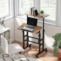 MODFU - Verstelbaar Bureau - Kantelbaar Werkblad En Wielen - Industrieel - Voor Thuiskantoor - Hout En Metaal - Rustiek Bruin - 60 x 60 x 70,5-120 cm