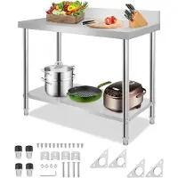 NaiZy 100x60x85cm Roestvrij Staal Werktafel Gastronomische Eettafeltjes Met 2 Legplanken & Verstelbare Voeten Buitentuintafel Voorbereidingstafel Voor Voedselbereiding (Met Opstaande Rand)