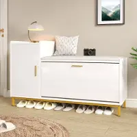 OKWISH Schoenenkast Met Zitkussen - Hoogglans Front - Voor Hal En Woonkamer - Wit En Goud - Spaanplaat En Metaal - 100×38×68 Cm