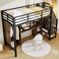 Merax Hoogslaper 90 x 200 cm - met opbergruimte - kledingkast - bureau - zonder matras - zwart