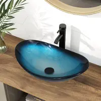 Puluomis wastafel, glazen wastafel, ovale waskom, 53x35x16 cm, inclusief kraan, afvoer en aansluitingen voor warm en koud water, blauw