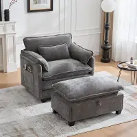 MODFU - Fauteuil Met Opbergvoetenbank - Breed En Comfortabel - Modern - Voor Woonkamer Of Slaapkamer - Chenille - Grijs