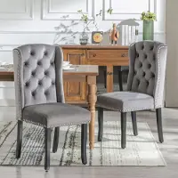 Sweiko Eetkamerstoel - Set van 2 - Eikenhouten poten - Spijkerkop - Fluweel - Grijs
