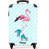 NoBoringSuitcases.com - Handbagage koffer lichtgewicht - Reiskoffer trolley - Flamingo met blauwe rolschaatsen - Rolkoffer met wieltjes - Past binnen 55x40x20 en 55x35x25