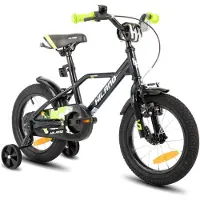Hiland Stoere Jongensfiets - 16 Inch - Met Zijwieltjes & Standaard - Handrem & Terugtraprem - Zwart/Groen - Geschikt voor buitenactiviteiten in de lente