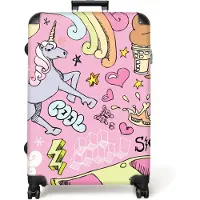 NoBoringSuitcases.com - Koffer groot - Reiskoffer lichtgewicht - Roze - Eenhoorn - Skateboard - Tekening - Rolkoffer met 4 wielen - Grote trolley XL - 98 liter bagage