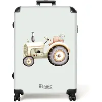 NoBoringSuitcases.com - Koffer groot - Reiskoffer lichtgewicht - Beige vintage tractor in pastel groene kleuren - Rolkoffer met 4 wielen - Grote trolley XL - 98 liter bagage