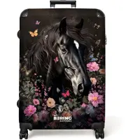 NoBoringSuitcases.com - Koffer groot - Reiskoffer lichtgewicht - Zwart paard met witte bles en kleurrijke bloemen - Rolkoffer met 4 wielen - Grote trolley XL - 98 liter bagage