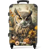 NoBoringSuitcases.com - Koffer groot - Rolkoffer lichtgewicht - Portret van een uil tussen gele en oranje bloemen - Reiskoffer met 4 wielen - Grote trolley XL - 20 kg bagage