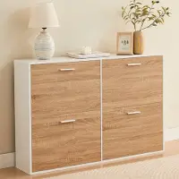 Casabel Schoenenkast met 4 neerklapbare deuren - Design schoenenkast - Opbergmeubel voor de hal met ruimte voor 24 paar schoenen - Wit frame - Houten neerklapbare deuren