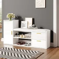 OKWISH Schoenenkast Met Zitkussen En Opbergruimte – 128×30×68 Cm – 2 Laden 1 Kast 2 Niveaus – Hoogglans Wit Spaanplaat
