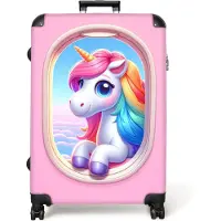 NoBoringSuitcases.com - Koffer groot - Reiskoffer lichtgewicht - Witte eenhoorn bij roze vliegtuigraam - Rolkoffer met 4 wielen - Grote trolley XL - 98 liter bagage