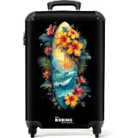 NoBoringSuitcases.com - Handbagage koffer lichtgewicht - Reiskoffer trolley - Surfplank omringd door bloemen - Rolkoffer met wieltjes - Past binnen 55x40x20 en 55x35x25