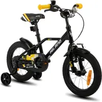 Hiland Stoere Jongensfiets - 14 Inch - Met Zijwieltjes & Standaard - Handrem & Terugtraprem - Zwart/Oranje - Geschikt voor buitenactiviteiten in de lente