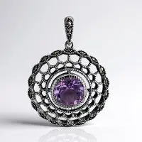 Cavill - Zilveren Hanger - 925 Sterling Zilver - 3 ct Braziliaanse Amethist & 0,21 ct Roemeense Marcasiet - Vintage Paars Elegant