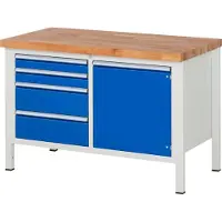 RAU Werkbank serie 8470, 4 schuiflades, 1 legbord met deur, B 1500 x D 700 x H 840-1040 mm