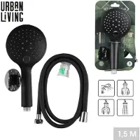 Urban Living basic douchekop - 3 functies - met doucheslang 150 cm - zwart - kunststof/metaal - Douchekoppen