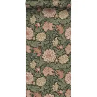 ESTAhome behang vintage bloemen vergrijsd groen en terracotta roze - 53 cm x 10.05 m - 139381