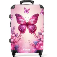 NoBoringSuitcases.com - Kinderkoffer meisje - Kindertrolley meisjes - Roze vlinder - Koffer kind groot - Rolkoffer lichtgewicht - Reiskoffer met 4 wielen - Grote trolley XL - 20 kg bagage