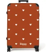 NoBoringSuitcases.com - Koffer groot - Reiskoffer lichtgewicht - Wit hartjespatroon op oranje bruine achtergrond - Rolkoffer met 4 wielen - Grote trolley XL - 98 liter bagage
