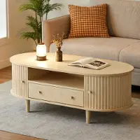OKWISH Salontafel - Ovale Vorm Met Roldeur En 1 Lade - Voor Woonkamer En Kleine Woning - MDF Eikenlook - 100×50×36 Cm