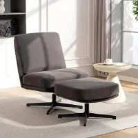 MODFU - Fauteuil Met Voetenbank - 360° Draaibaar - Brede Zitting - Voor Woonkamer - Metaal - Donkergrijs