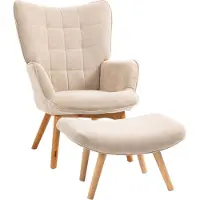 MODFU - Oorfauteuil Met Hocker - Getuft - Klassiek - Ribstof - Beige