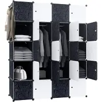 NaiZy 145x37x178cm Zwart Kledingkast Kunststof, Reksysteem Garderobekast met 20 Kubussen & Deur, Draagbare Planksysteem Slaapkamerkast, Combikast voor Kleding/Boeken/Speelgoed,