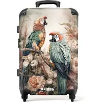 NoBoringSuitcases.com - Koffer groot - Rolkoffer lichtgewicht - Twee papegaaien op een tak omringd door bloemen - Reiskoffer met 4 wielen - Grote trolley XL - 20 kg bagage