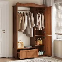 OKWISH Garderobekast - Met Spiegel En Open Kledingstang - Voor Slaapkamer En Hal -115,5×38,5×194,5 cm -MDF - Walnootkleur