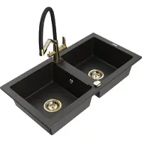 Mexen Mario granieten gootsteen 2-kamerig met keukenkraan Duo, zwart/goud metallic - 6504-75-671701-57-G