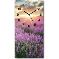 Tulup Wandklok - Lavendelveld Decoratieve Glazen Klok - 30x60 cm - Paars Glazen Wandklok Design - Zwarte handen - Rechthoekige Klok - Glazen Klok Met Print - Wandklok Glas Met Motief