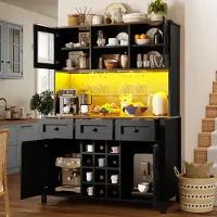 STILVORA Keukenkast met USB-aansluitingen en stopcontacten, dressoir met 4 deuren, 3 lades en een LED-lichtbalk, opbergkast, zwart