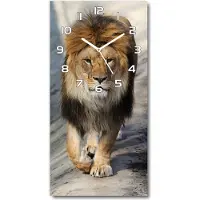 Tulup Wandklok - Leeuw Gekleurde Glazen Klok - 30x60 cm - Bruin Glazen Klok Met Print - Witte handen - Rechthoekige Klok - Moderne Wandklok Glas - Wandklok Glas Decoratie