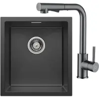 CECIPA MAX Spoelbak 40x44CM - Spoelbak Keuken Antraciet - Enkele Spoelbakken Met Keukenkraan Met Uittrekbare Uitloop - Spoelbakken met Afdruip - RVS