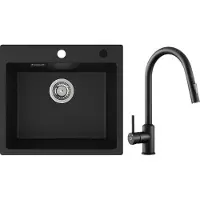 CECIPA MAX Spoelbak Keuken 50x45cm - Graniet Spoelbakken Met Keukenkraan Met Uittrekbare Uitloop Zwart - Graniet Spoelbakken Keuken - Spoelbakken met Afdruip - Antraciet
