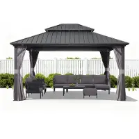 PURPLE LEAF Hardtop Aluminium Tuinpaviljoen – Dubbel dak – Hoogwaardige Gordijnen – Wind- en weerbestendig – Grijs