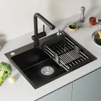 Auralum Spoelbak Antraciet 60x49CM - Spoelbakken Met Kraangat - Spoelbak Met Zeepdispenser - Verstelbaar Afdruiprek - Incl. Sifon en Waterafvoersysteem
