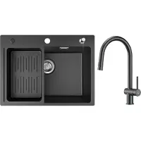 CECIPA MAX Spoelbakken 60x45cm Zwart -Grantien Spoelbakken met Keukenkraan Met Uittrekbare Uitloop 2 straalsoorten - Spoelbakken met Afdruip - Enkele spoelbak met afdruiprek