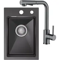 CECIPA MAX Spoelbak Met Kraangat - Spoelbak Keuken 30x45 cm - Enkele spoelbak Met Keukenkraan Met Uittrekbare Uitloop - Spoelbakken met afdruip - Spoelbakken Keuken - Antraciet