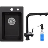 CECIPA MAX Granieten Spoelbakken 30x45cm Zwart - Spoelbakken Keuken Met Keukenkraan Met Uittrekbare Uitloop - Wasbak Keuken Met Zeepdispenser 300ML - Met Kraangat - incl. Afvoerzeefje en Sifon