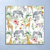 Coloray Wandklok - Tropische dieren Glazen Wandklok - 30x30 cm - Wit Wandklok - Wandklok Vierkant - Wandklok Scandinavisch - Wandklokken Woonkamer - Stille Wandklok