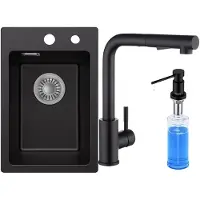 CECIPA MAX Spoelbak Keuken 30x45cm - Granieten Spoelbakken Zwart - Spoelbakken Keuken Met Keukenkraan Met Uittrekbare Uitloop en Zeepdispenser 300ML - Wasbak Keuken