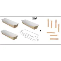 TakeAware 50x Bio Frikandelbakje kraft A16 karton + 50x houten vorkje - frikandel bakje snacks food take away festival thema feest